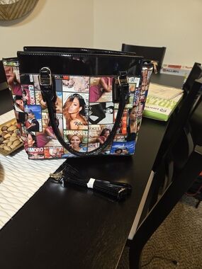 Colorblock Magazine Print Tote Bag with Black Patent Trim